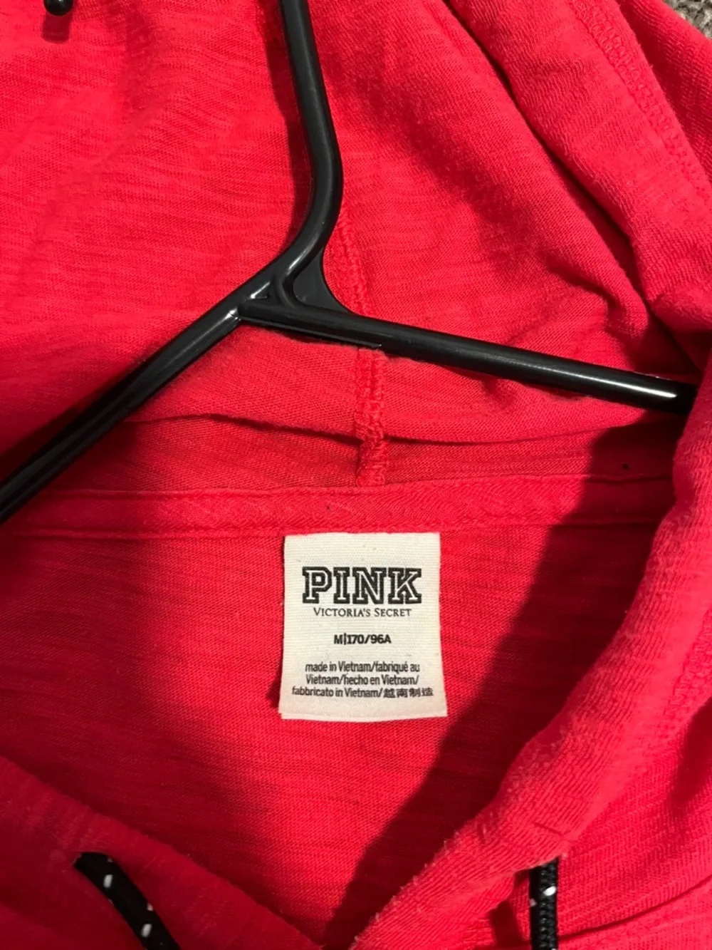 PINK Victoria's Secret Red Hooded Pullover with Black & White Sleeve Stripes - Picture 2 of 3